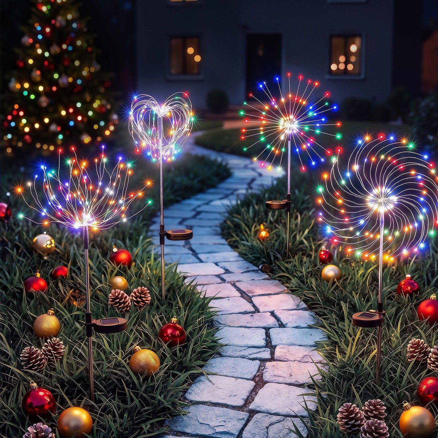 4 Pack Christmas Path Lights Solar Firework Garden Decoration Multicolour