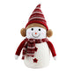 Plush snowman toy with a red and white patterned hat, scarf, and star decorations on a white background.