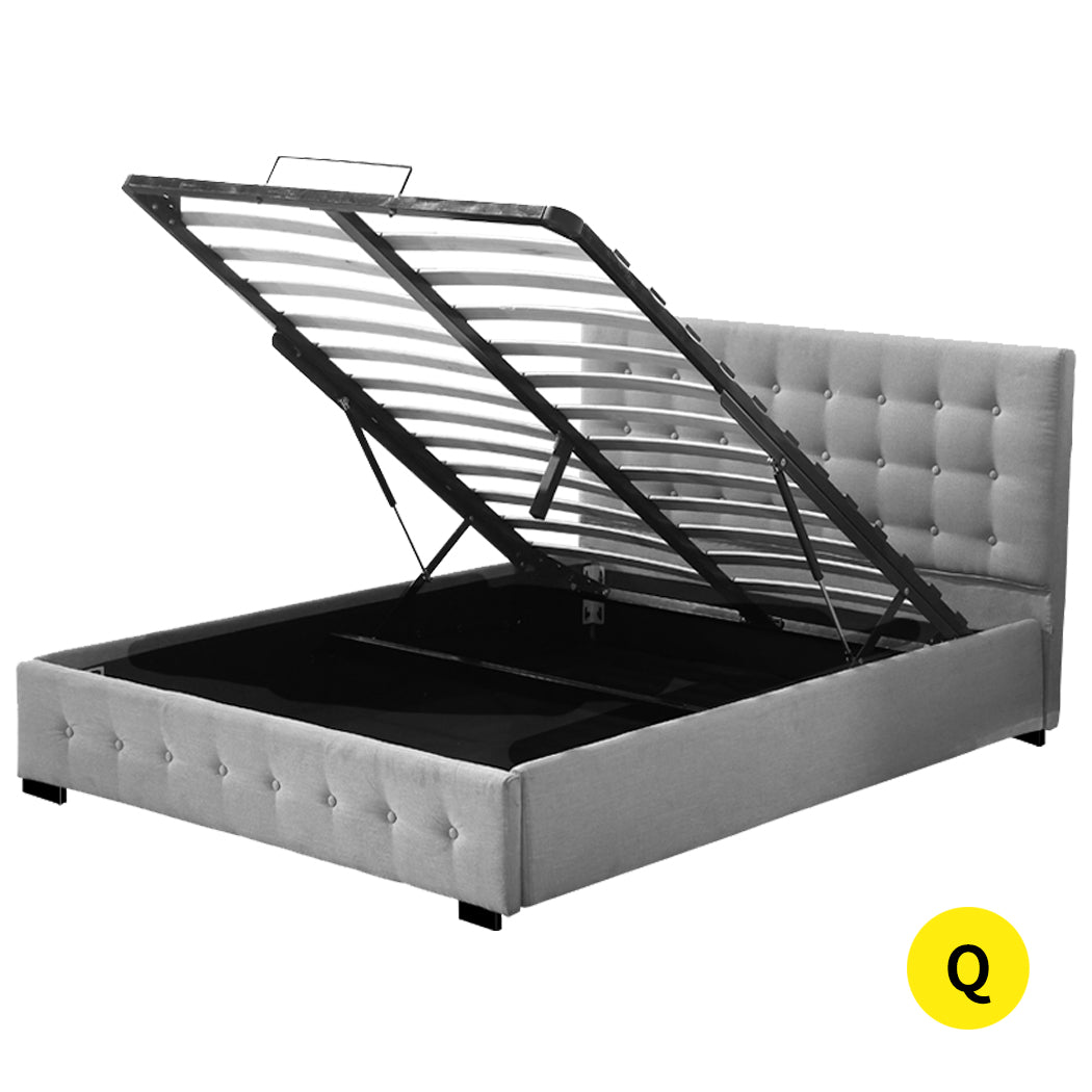 Syke Gas Lift Bed Frame Fabric Base with Storage - Grey Queen