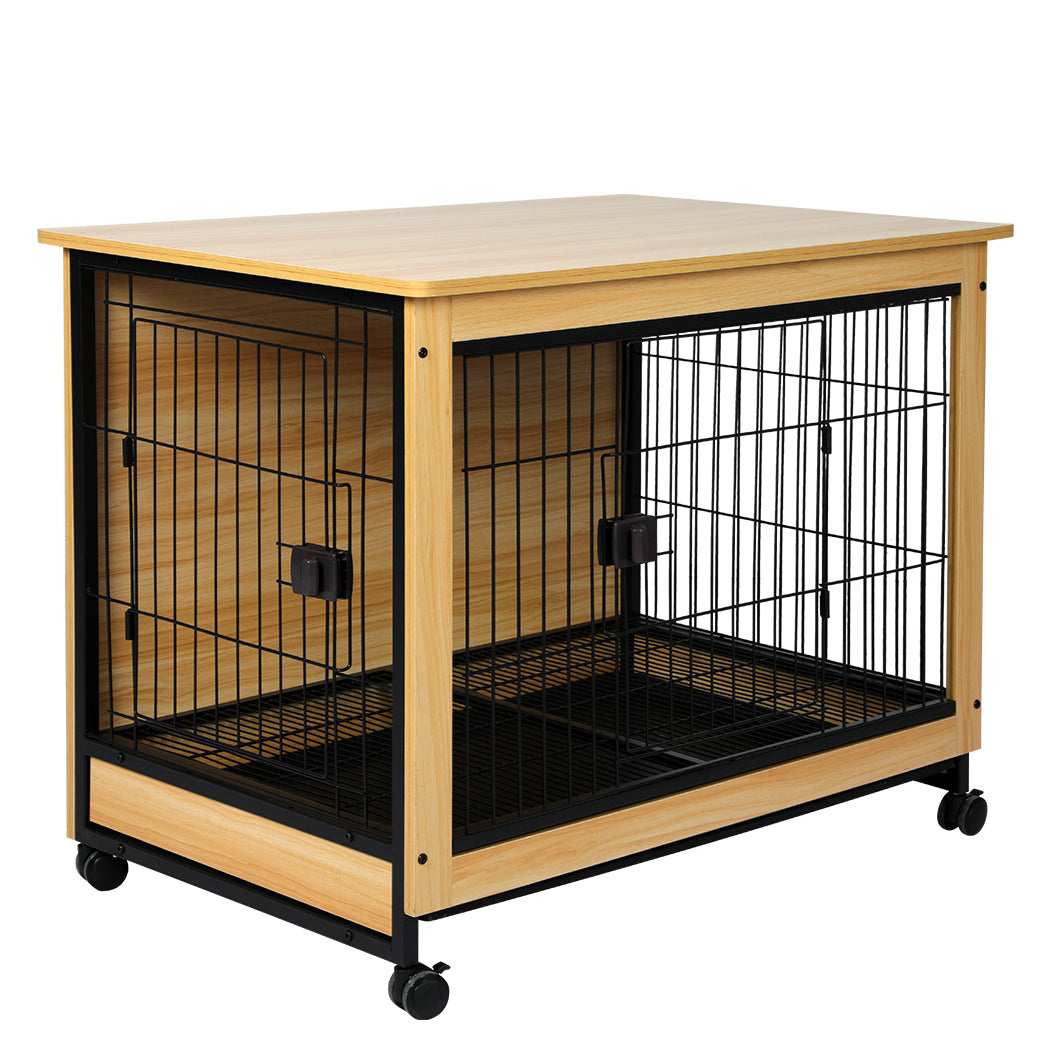 Wooden Wire Dog Kennel Side End Table Steel Puppy Crate Indoor Pet House M - Wood Medium
