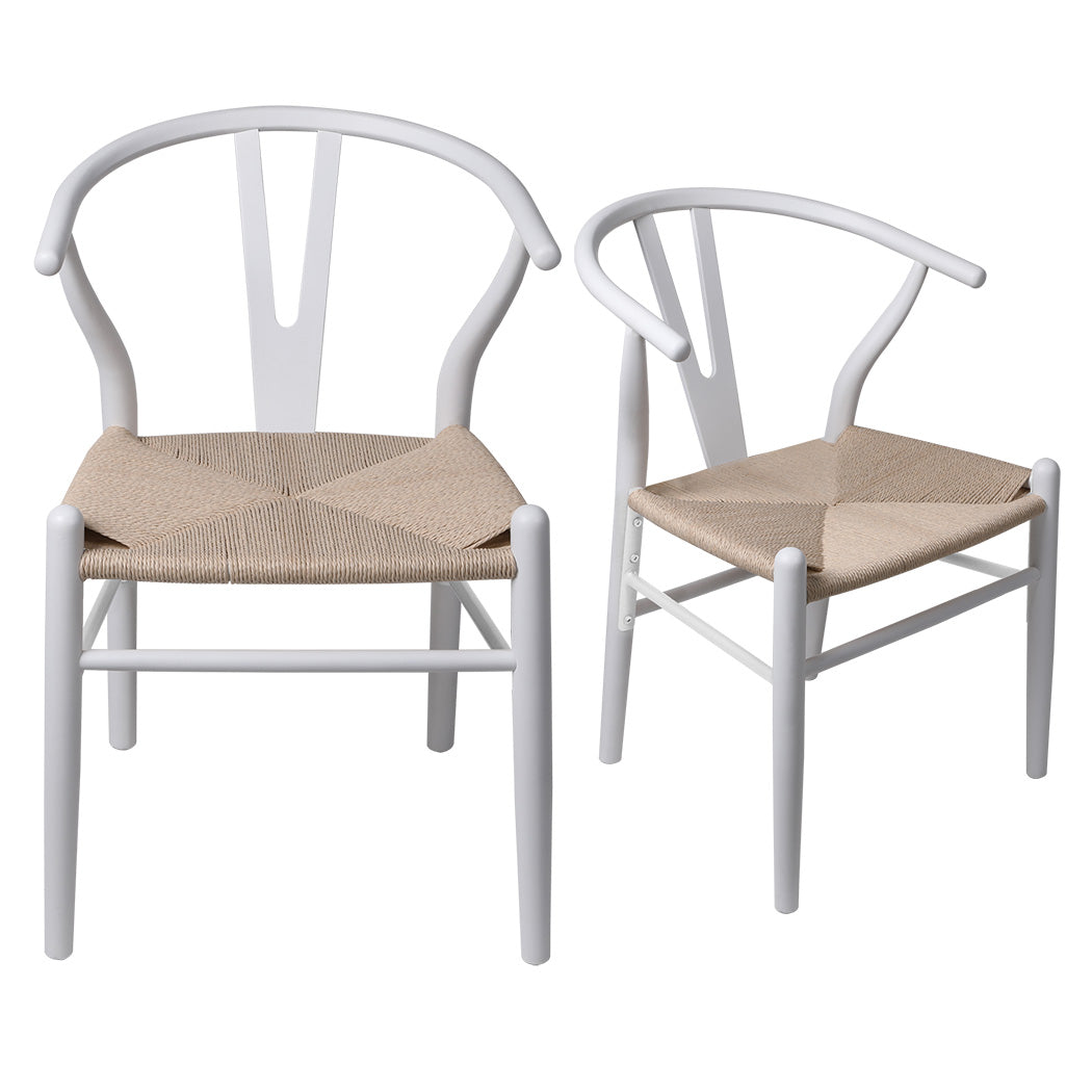 Jett Set of 2 Dining Chairs Rattan Seat Side Kitchen Wood Furniture - White