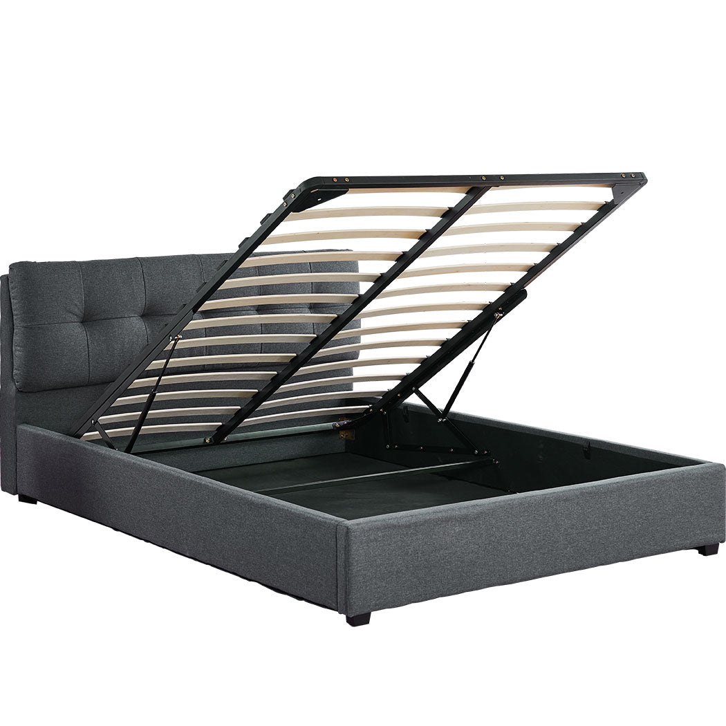 Tanna Bed Frame Gas Lift Base Storage Wooden Platform Linen Cotton - Charcoal Queen