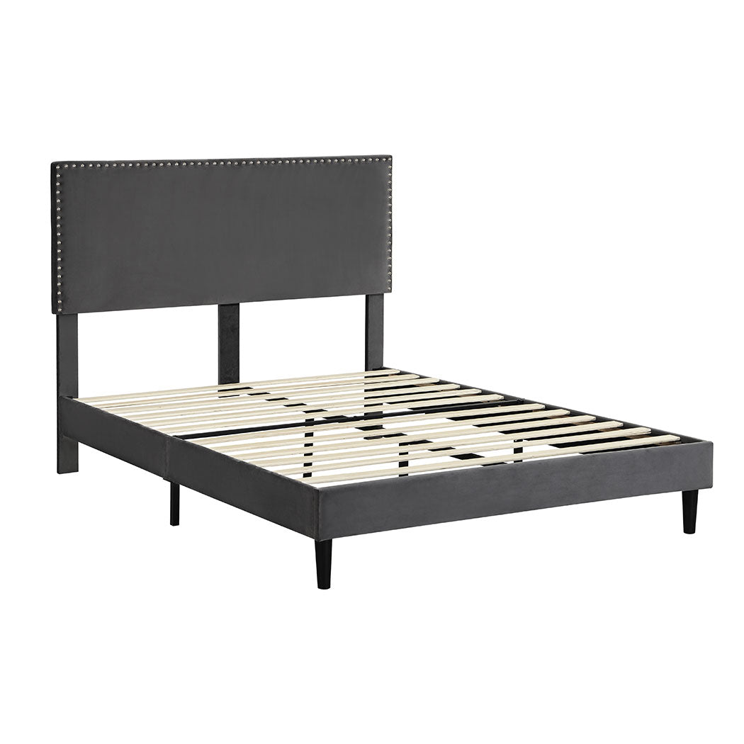 Velsen Bed Frame Base Platform Wooden Velvet with Headboard Grey - Double