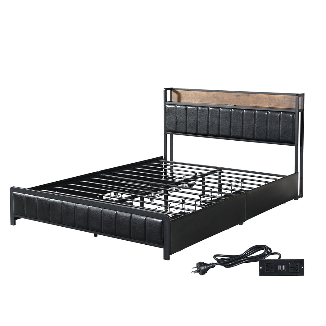 Fargo Bed Frame PU with 4 Drawers and USB Charger - Black Queen