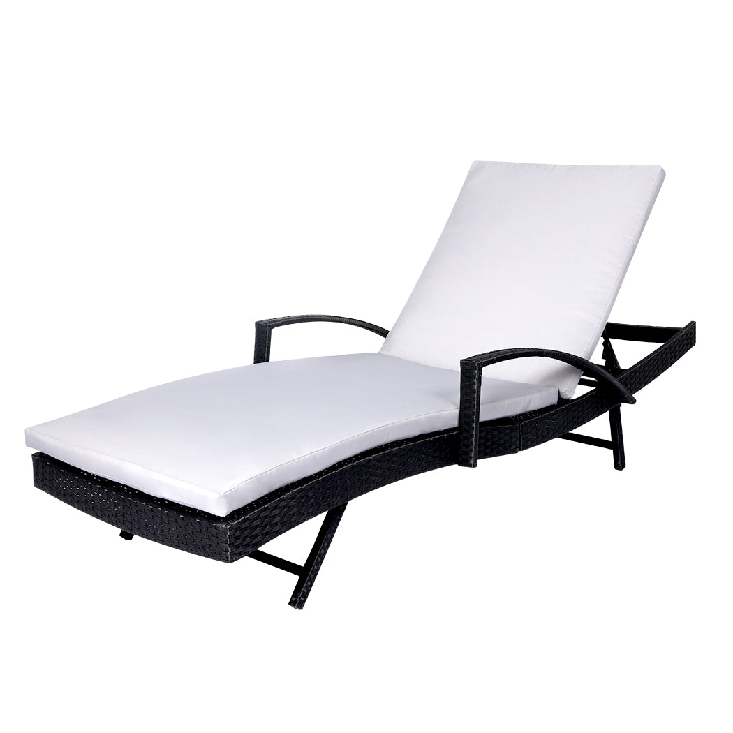 Simon Set of 2 Outdoor Sun Lounger Furniture Wicker Lounge Garden Patio Bed Pool Grey Cushion - Black