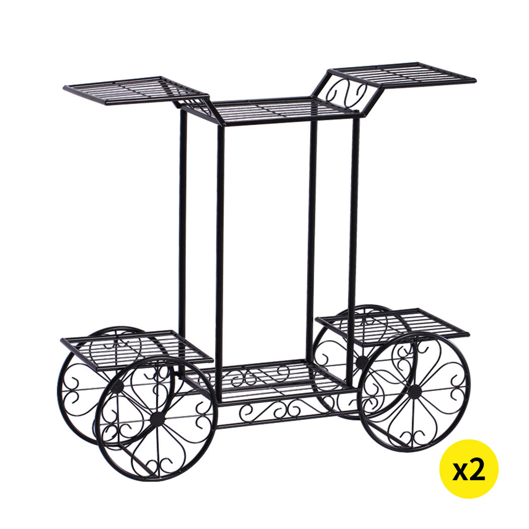 Set of 2 Plant Stand Outdoor Indoor Pot Garden Decor Flower Rack Wrought Iron 4Wheeler
