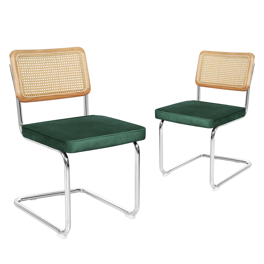 Verity Set of 2 Dining Chairs Chair Replica Cantilever Velvet Rattan Midcentury - Green