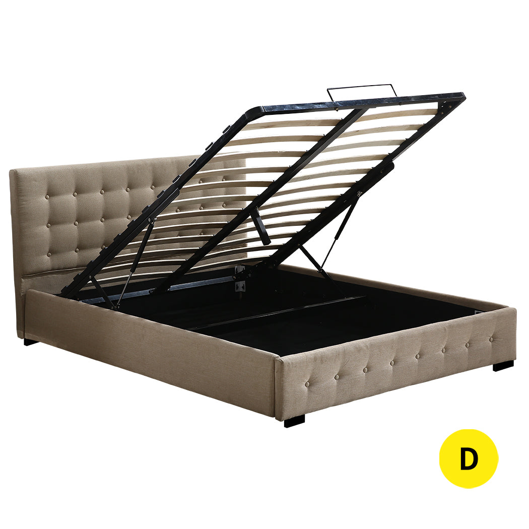 Syke Gas Lift Bed Frame Fabric Base with Storage - Beige Double