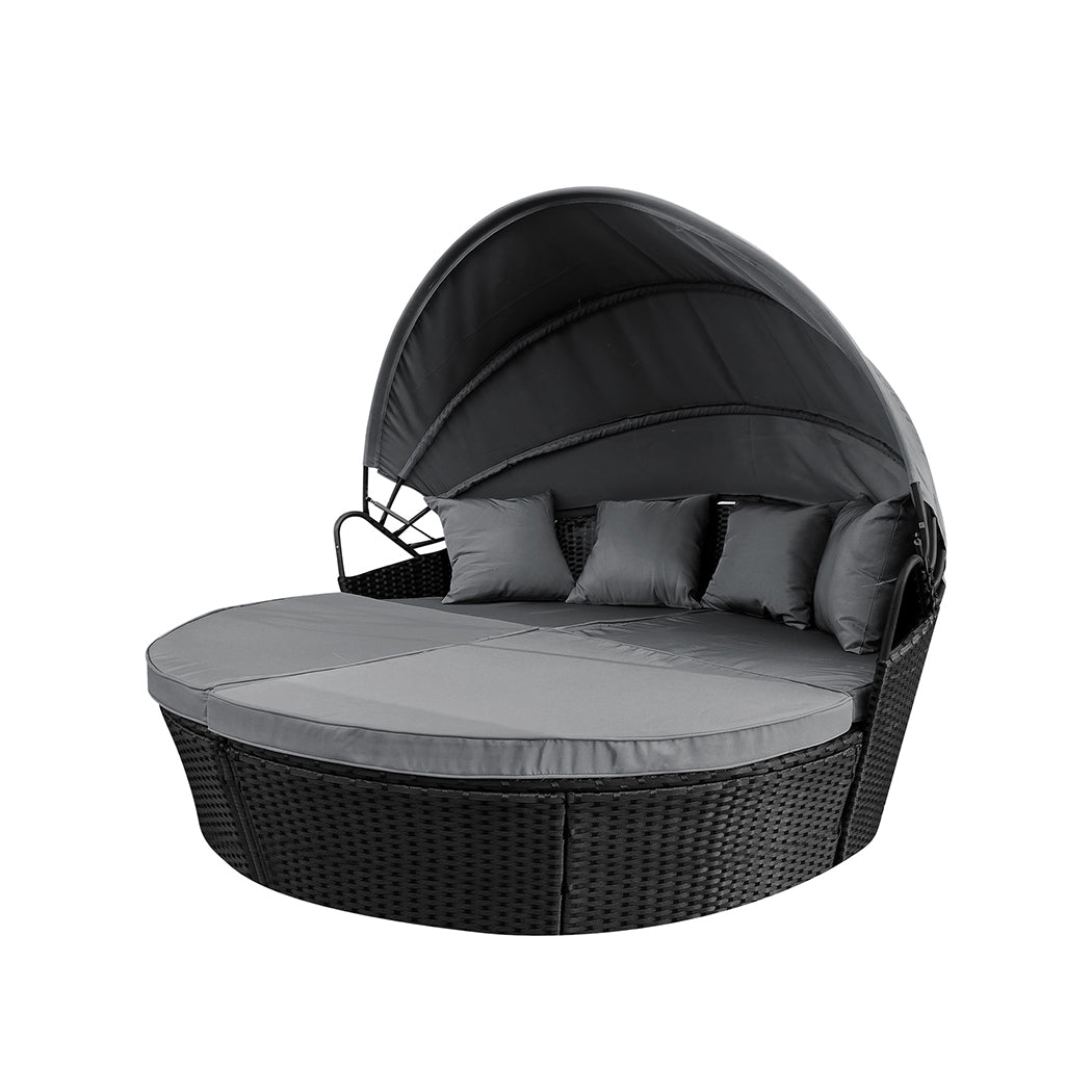 Amelie Day Bed Sofa Daybed Outdoor Garden Sun Lounge Furniture Wicker Round with Grey Cushion - Black