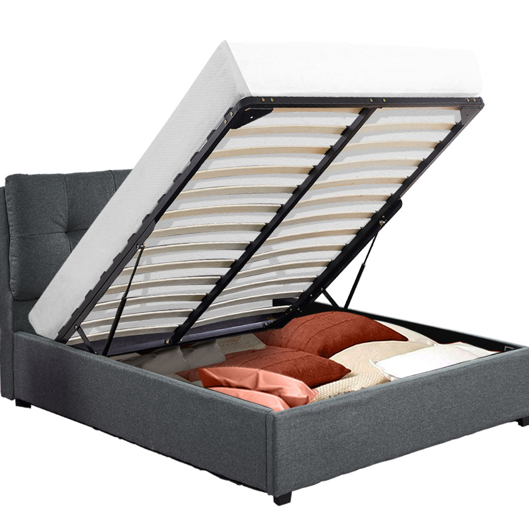 Tanna Bed Frame Gas Lift Base Storage Wooden Platform Linen Cotton - Charcoal Queen