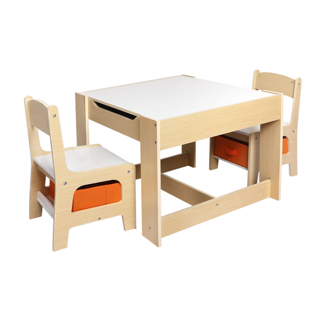 Phyllys 3-Piece Kids Table & Chairs Set Storage Box Toys Play Desk Wooden Study - White & Wood