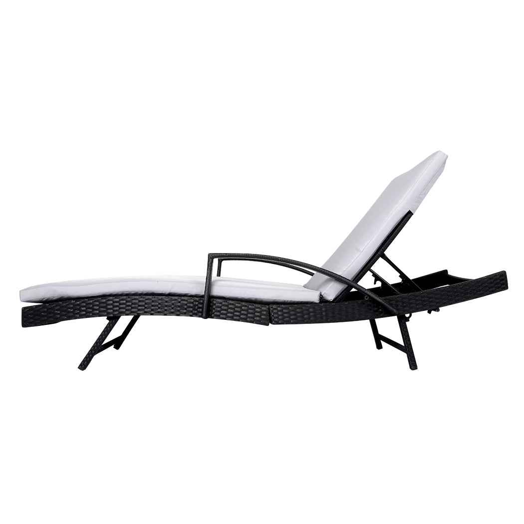 Simon Set of 2 Outdoor Sun Lounger Furniture Wicker Lounge Garden Patio Bed Pool Grey Cushion - Black