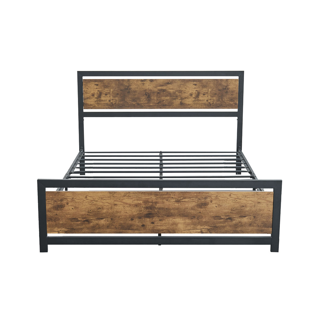 Levi Metal Bed Frame Platform Wooden Industrial Rustic - Black & Wood Queen