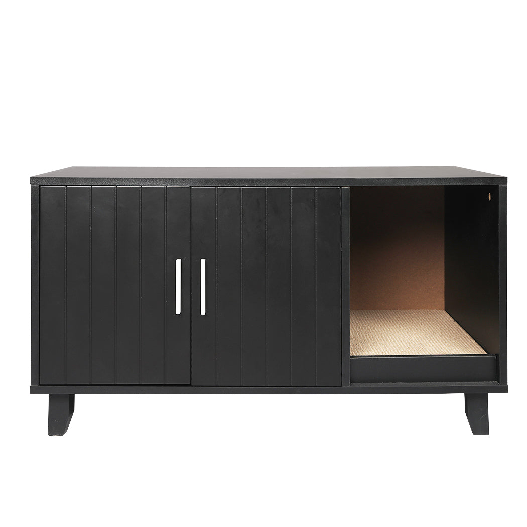 Enclosed Hooded Cat Litter Box Furniture Scratch Board Side Table- Black