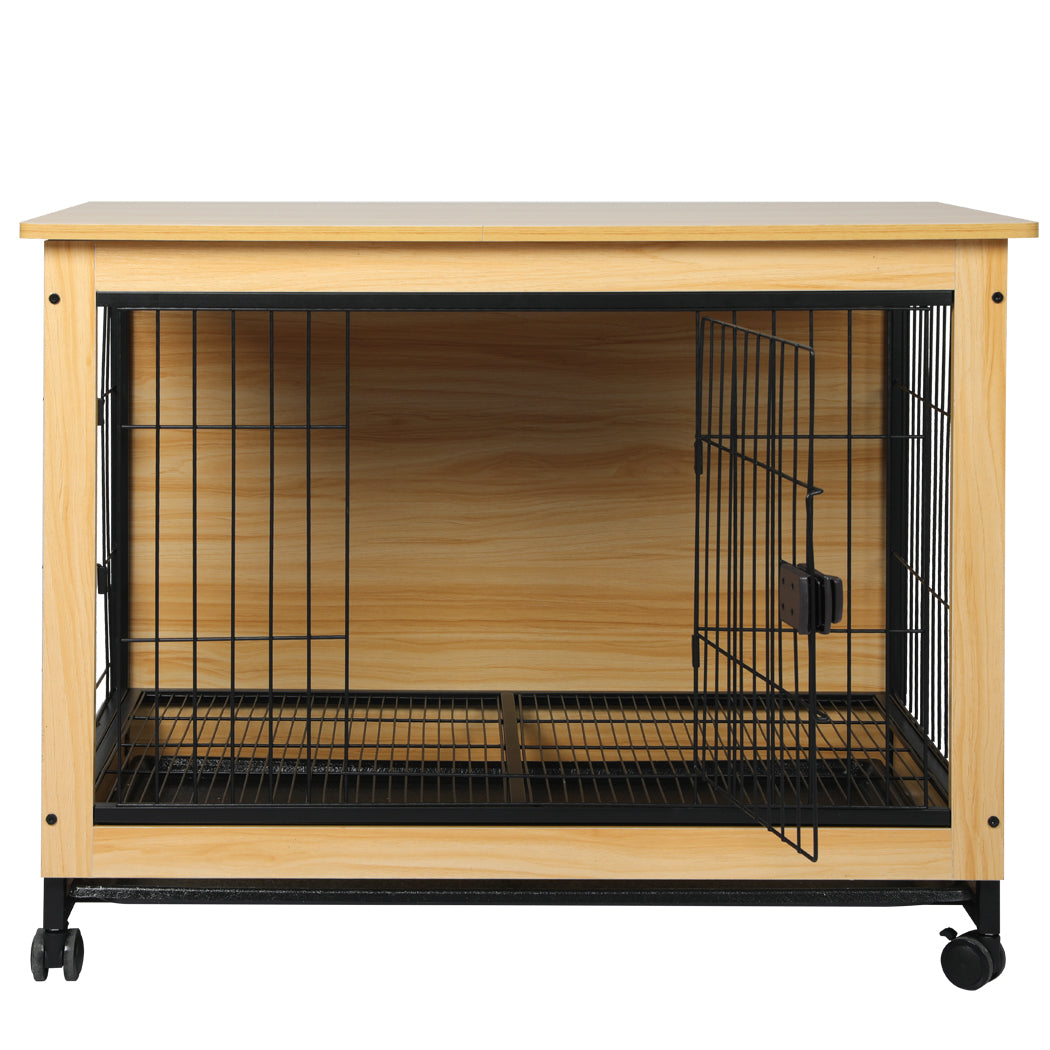 Wooden Wire Dog Kennel Side End Table Steel Puppy Crate Indoor Pet House M - Wood Medium