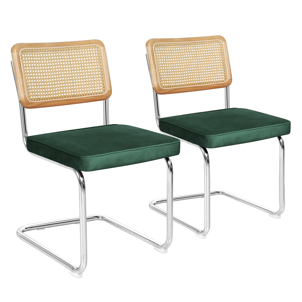 Verity Set of 2 Dining Chairs Chair Replica Cantilever Velvet Rattan Midcentury - Green
