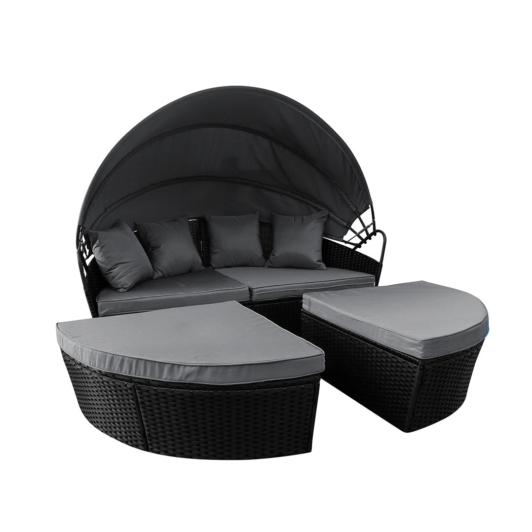 Amelie Day Bed Sofa Daybed Outdoor Garden Sun Lounge Furniture Wicker Round with Grey Cushion - Black