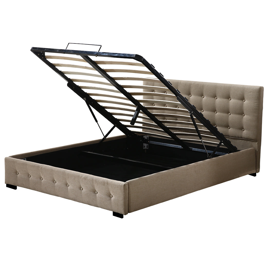 Syke Gas Lift Bed Frame Fabric Base with Storage - Beige Double