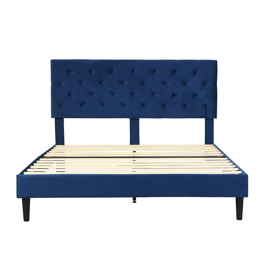 Assen Bed Frame Base Platform Wooden Velvet with Headboard Blue - Double