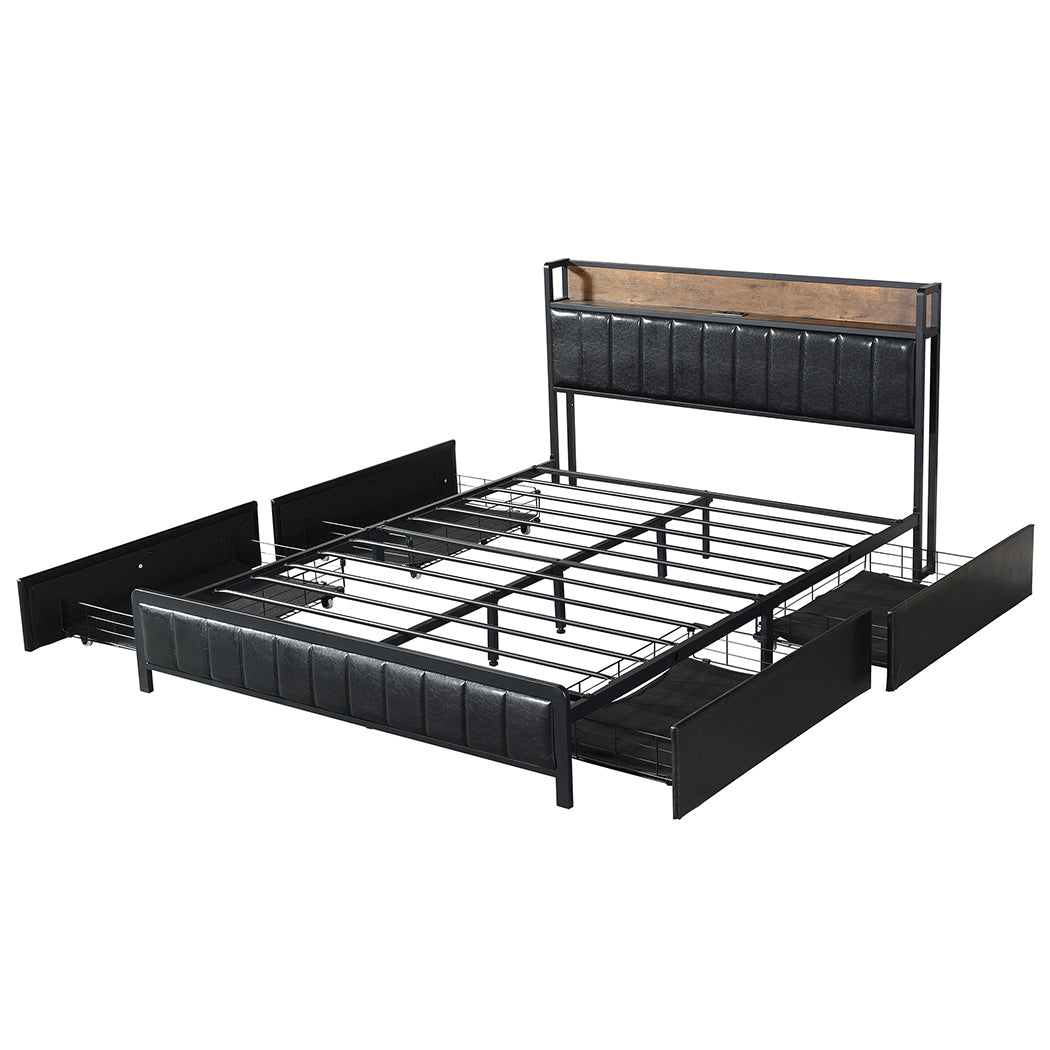 Fargo Bed Frame PU with 4 Drawers and USB Charger - Black Queen