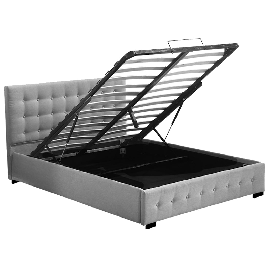 Syke Gas Lift Bed Frame Fabric Base with Storage - Grey Queen
