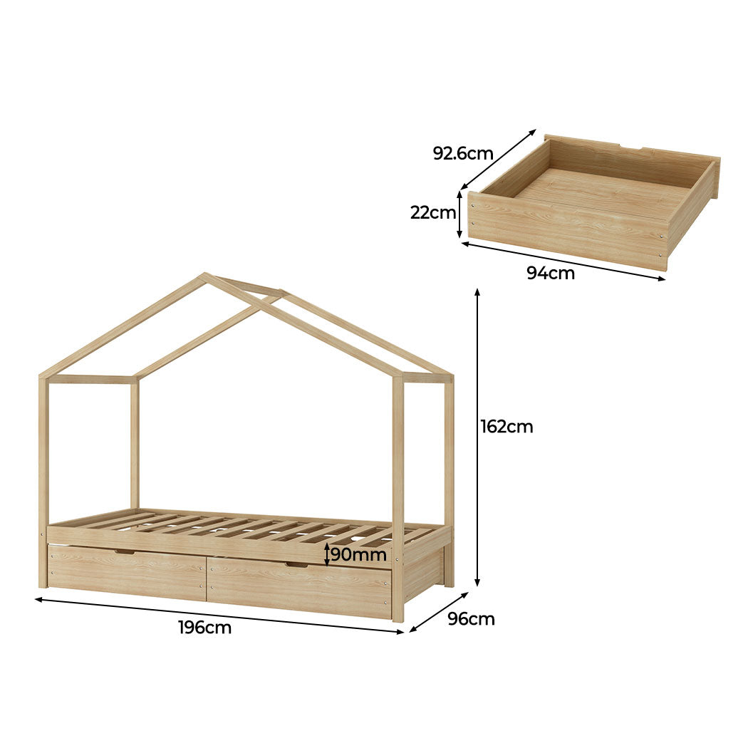 Riley Bed Frame Base Wooden Timber House Frame with Storage Drawers - Single