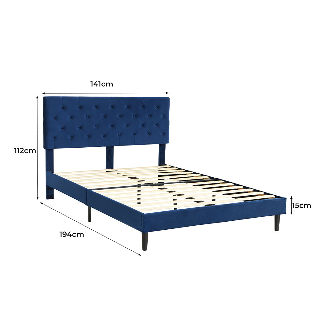 Assen Bed Frame Base Platform Wooden Velvet with Headboard Blue - Double