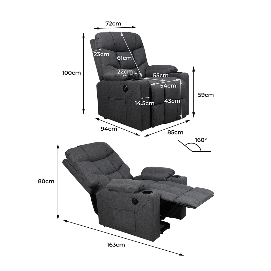 Medea Recliner Chair Electric Lift Chair Armchair Lounge Fabric USB Charge - Grey