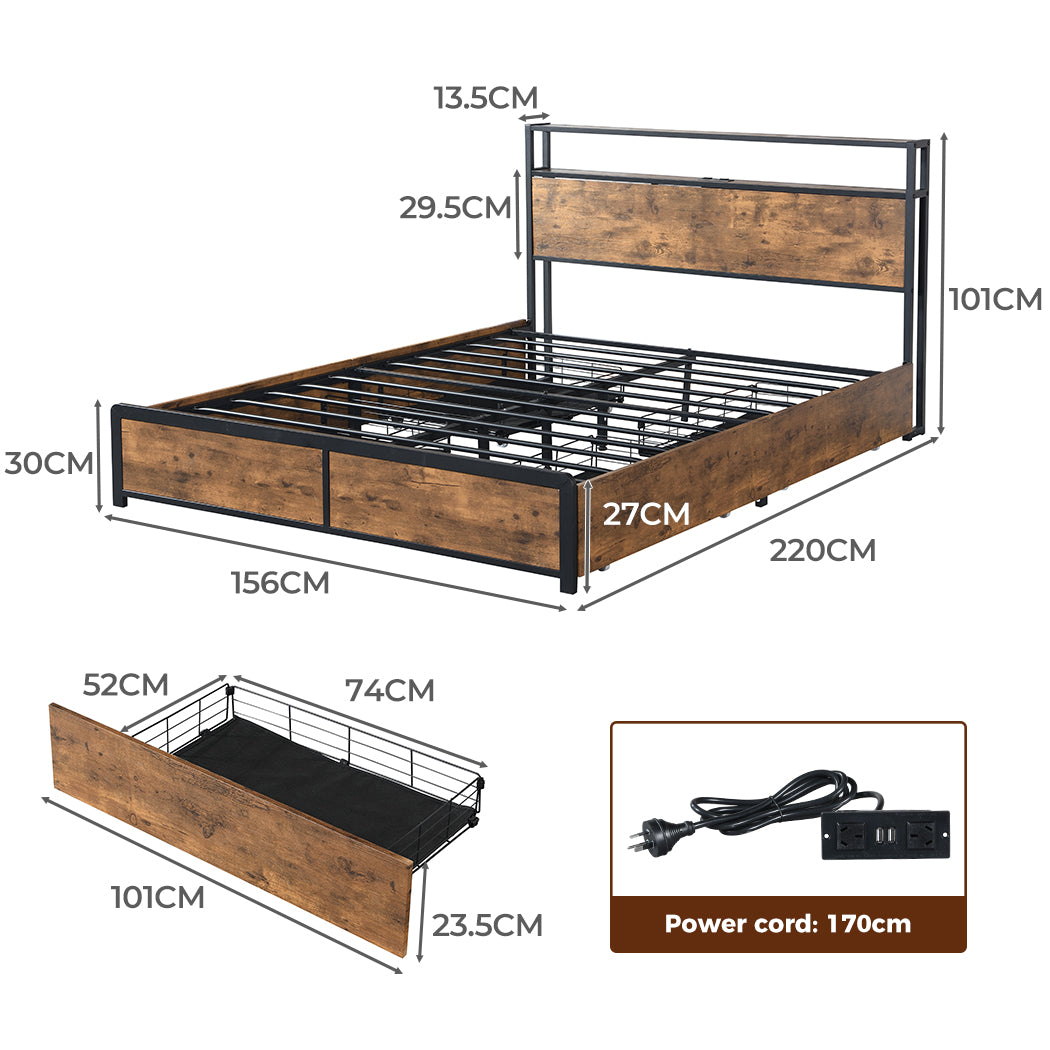 Maylen LED Bed Frame with 4 Drawers and USB Charger - Brown Queen
