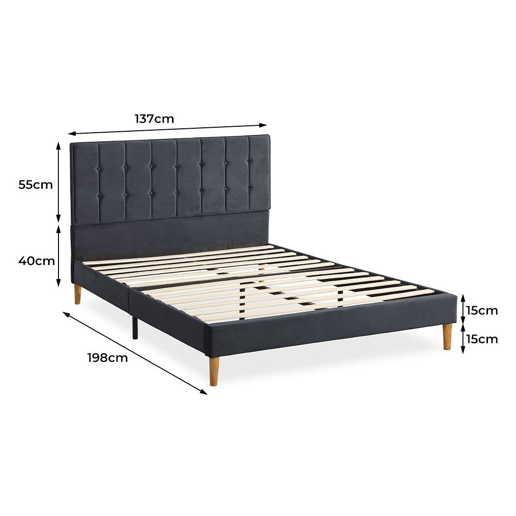 Venlo Bed Frame Base Platform Wooden Velvet with Headboard Grey - Double
