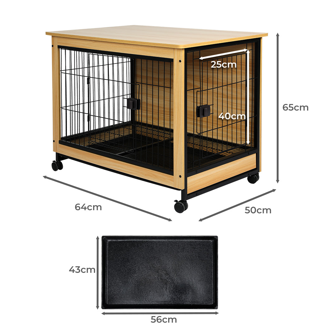 Wooden Wire Dog Kennel Side End Table Steel Puppy Crate Indoor Pet House M - Wood Medium