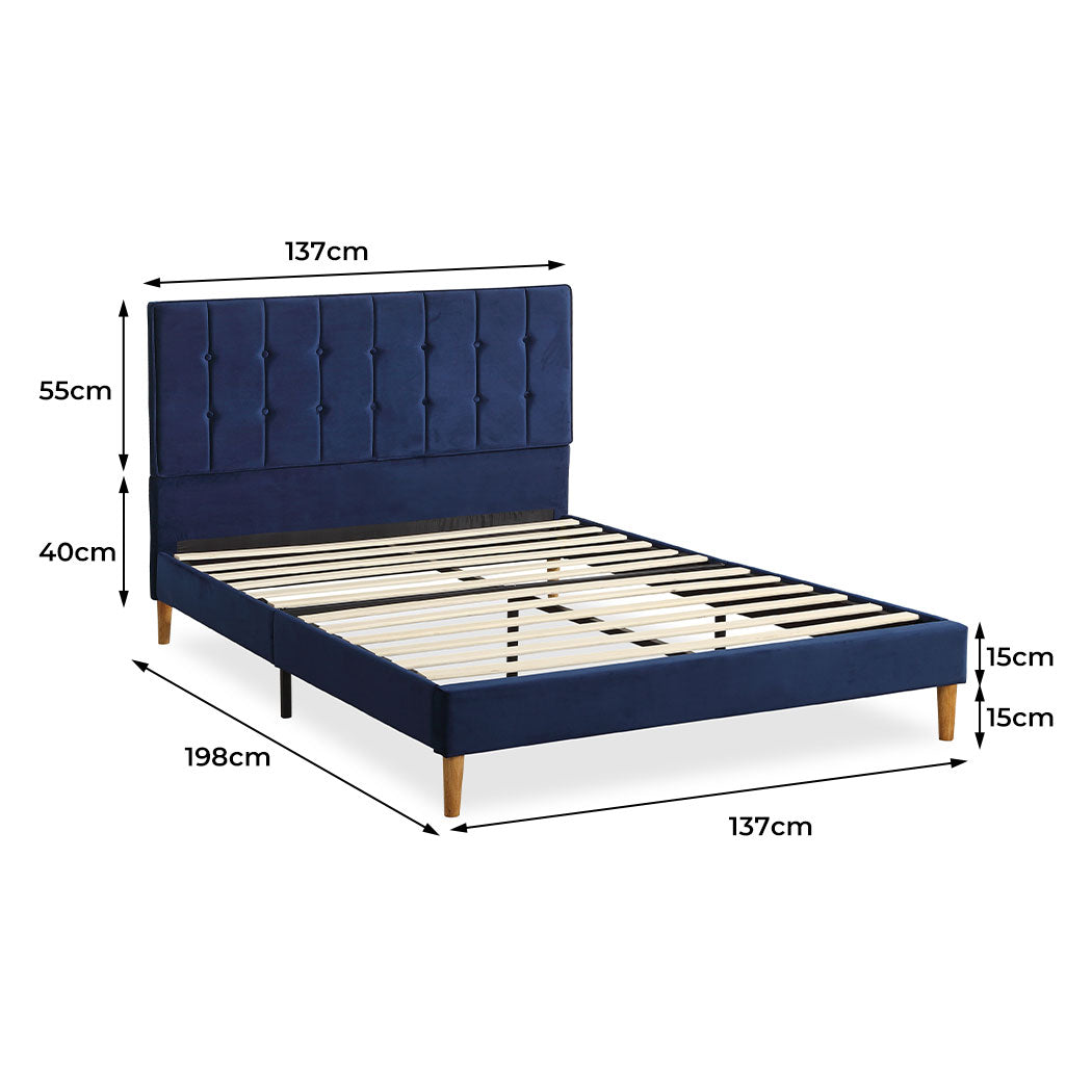 Venlo Bed Frame Base Platform Wooden Velvet with Headboard Blue - Double