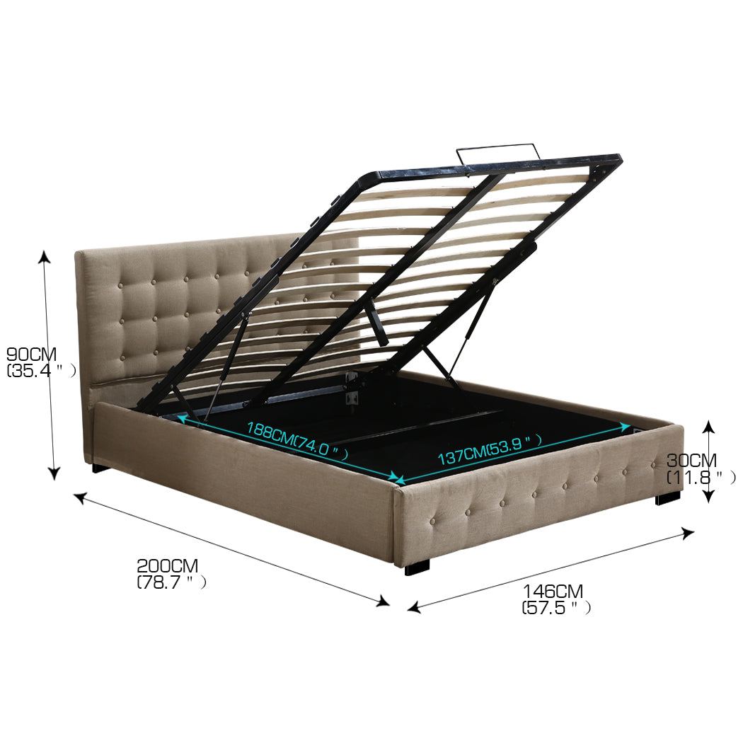 Syke Gas Lift Bed Frame Fabric Base with Storage - Beige Double