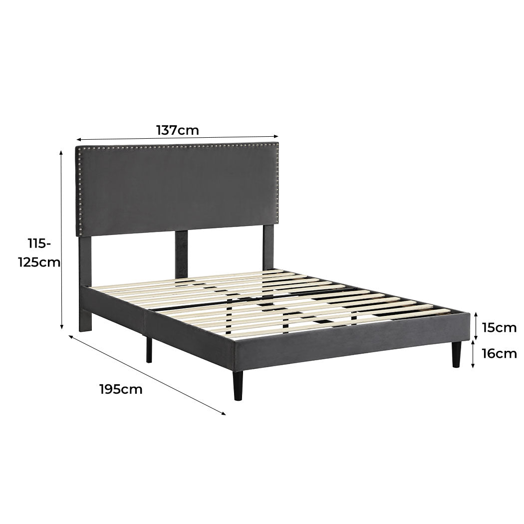 Velsen Bed Frame Base Platform Wooden Velvet with Headboard Grey - Double