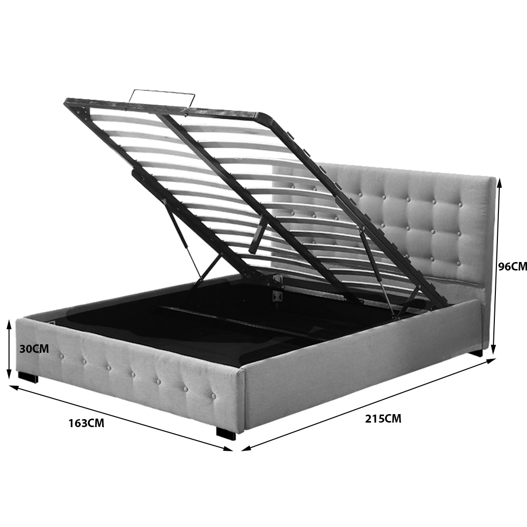 Syke Gas Lift Bed Frame Fabric Base with Storage - Grey Queen
