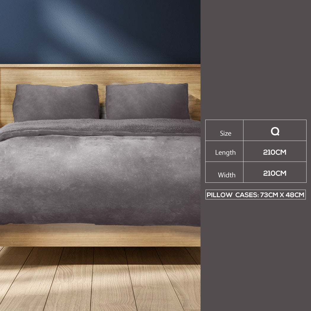 QUEEN Luxury Flannel Quilt Cover & Pillowcase Set - Silver Grey