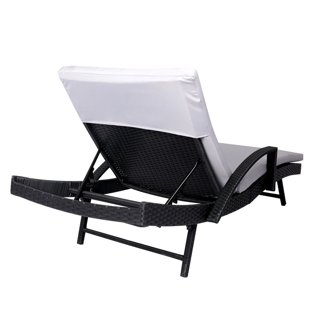 Simon Set of 2 Outdoor Sun Lounger Furniture Wicker Lounge Garden Patio Bed Pool Grey Cushion - Black