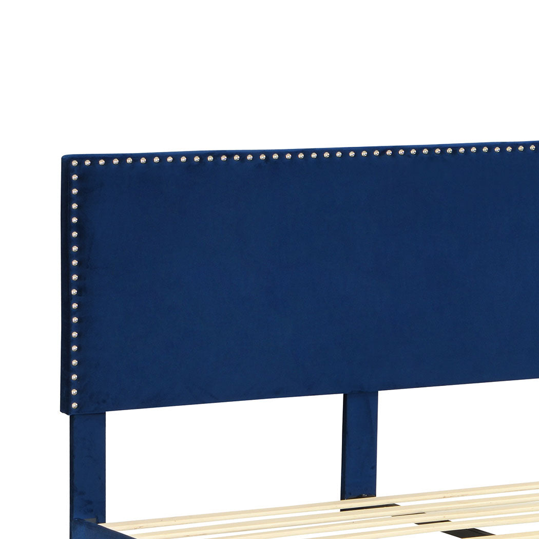 Velsen Bed Frame Base Platform Wooden Velvet with Headboard Blue - Queen