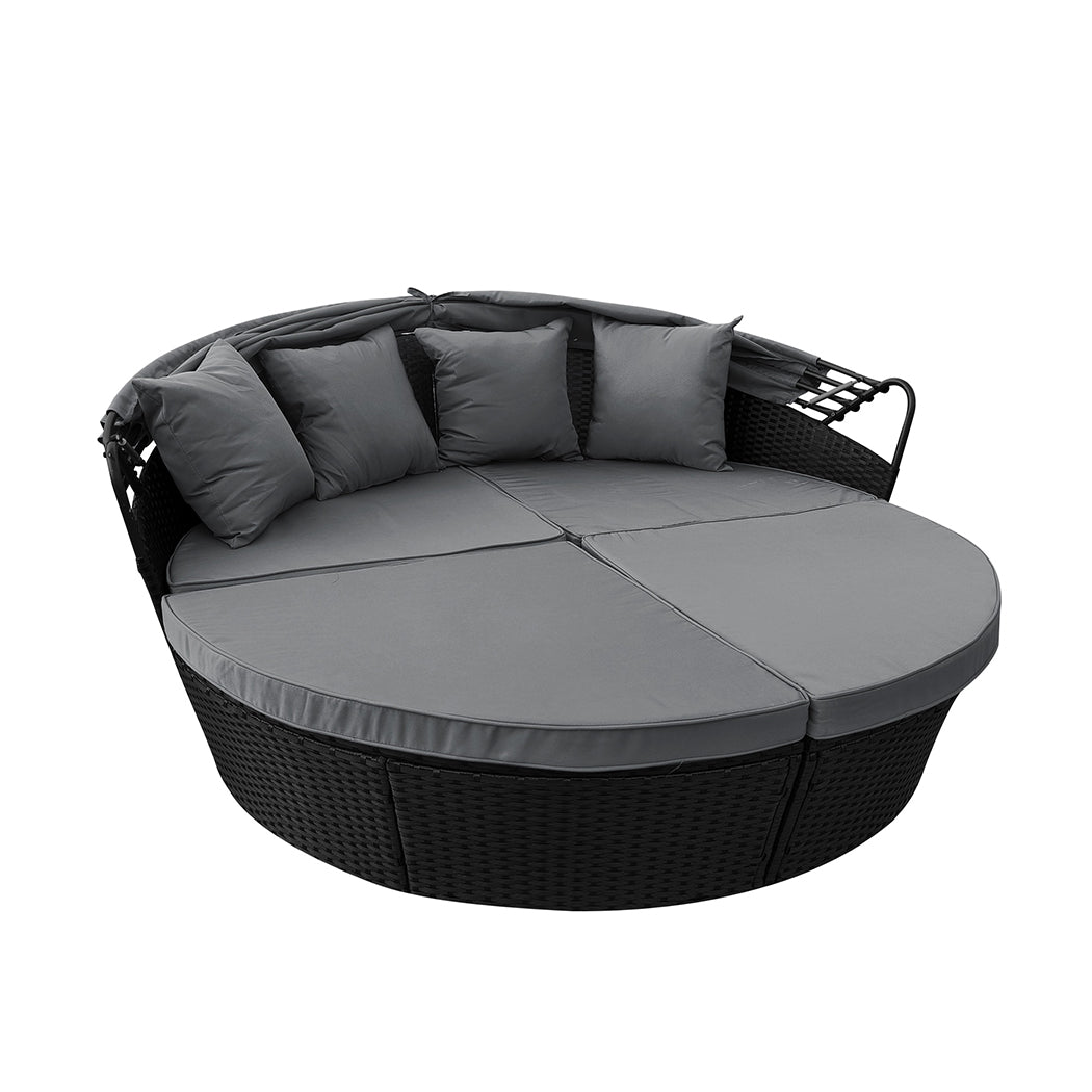 Amelie Day Bed Sofa Daybed Outdoor Garden Sun Lounge Furniture Wicker Round with Grey Cushion - Black