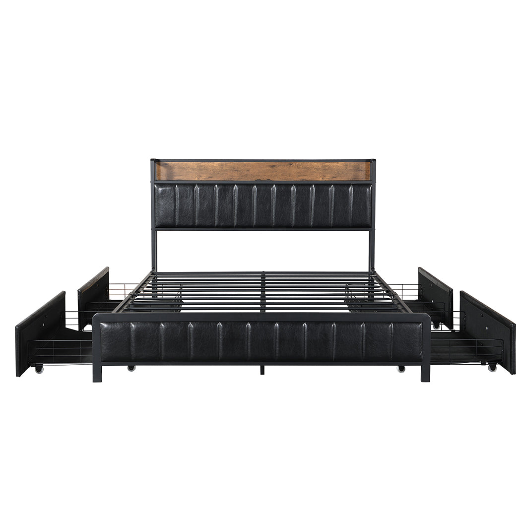 Fargo Bed Frame PU with 4 Drawers and USB Charger - Black Queen