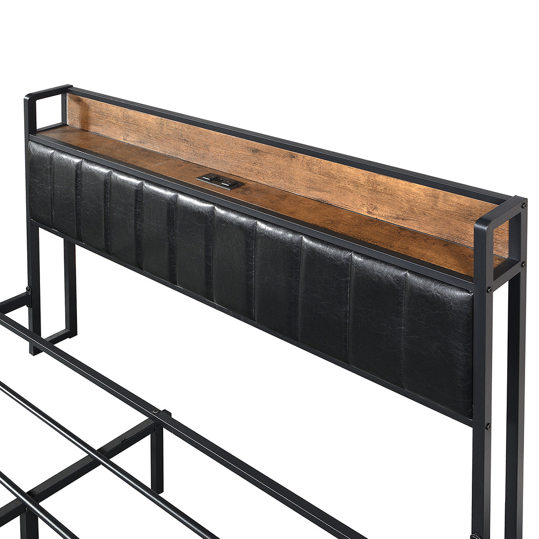 Fargo Bed Frame PU with 4 Drawers and USB Charger - Black Queen