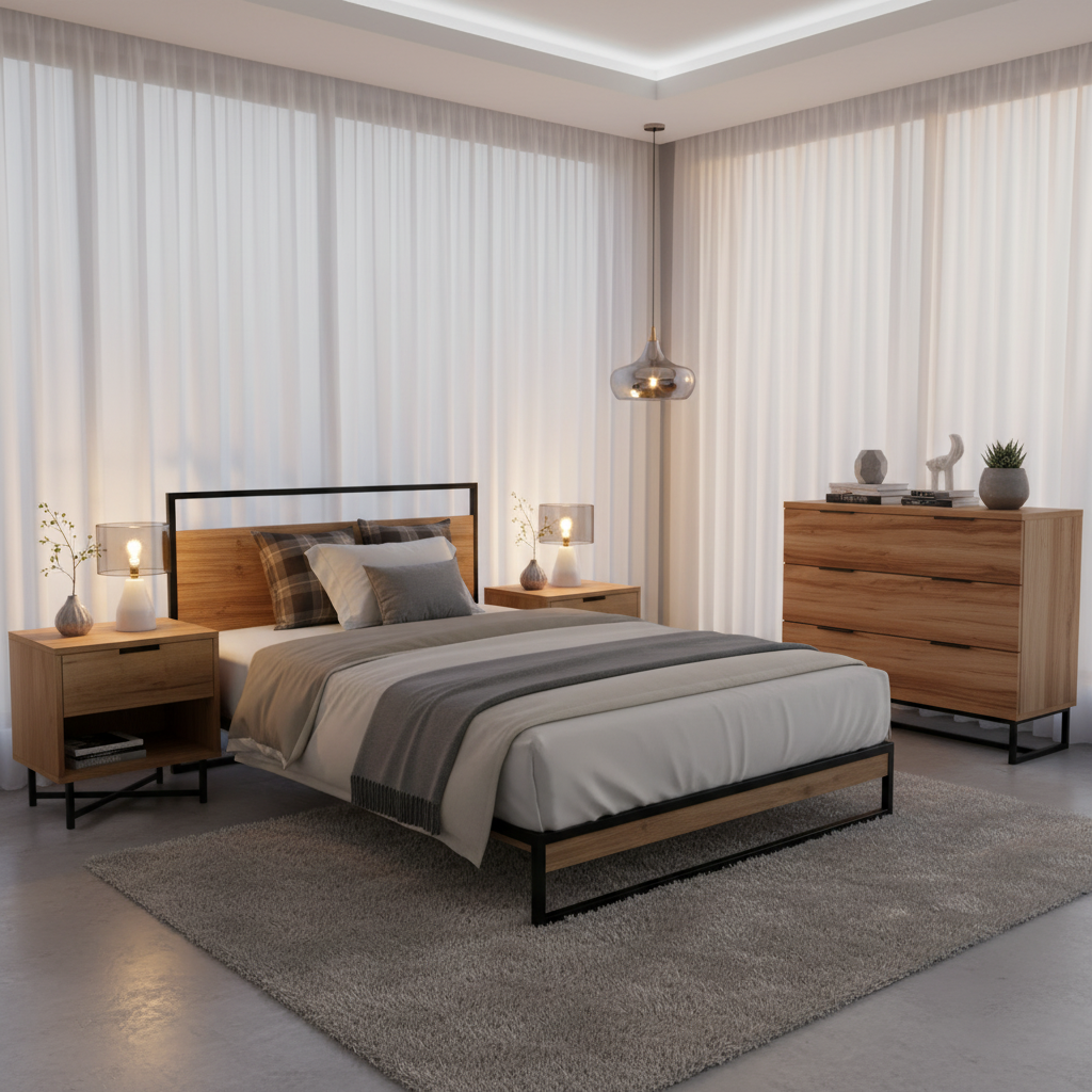 Modern bedroom with wooden bed, nightstands, and dresser.