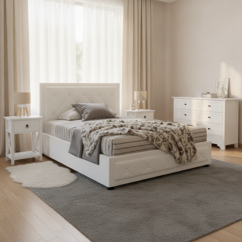 Cardiff King Single Bedroom Suite 5 Piece 1x King Single Mattress, 1x King Single Gas Lift Bed Frame, 1x Set of 2 Bedside Table and 1x White Tallboy