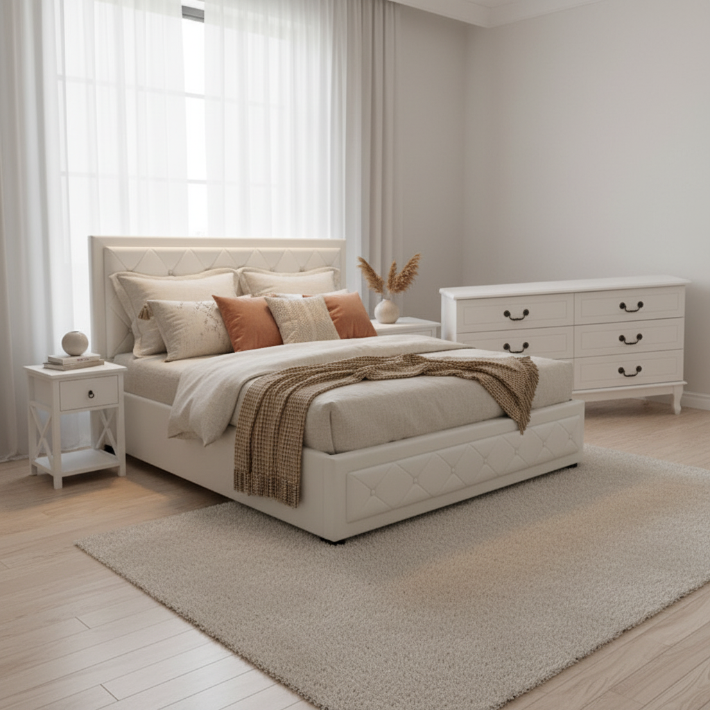 Neatly arranged bedroom with a bed, nightstands, and dresser.