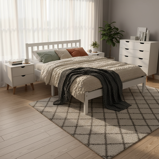 Stirling Queen Bedroom Suite 5 Piece 1x Queen Mattress, 1x Queen Wooden Bed Frame, 2x White Wooden Bedside Tables and 1x White Tallboy