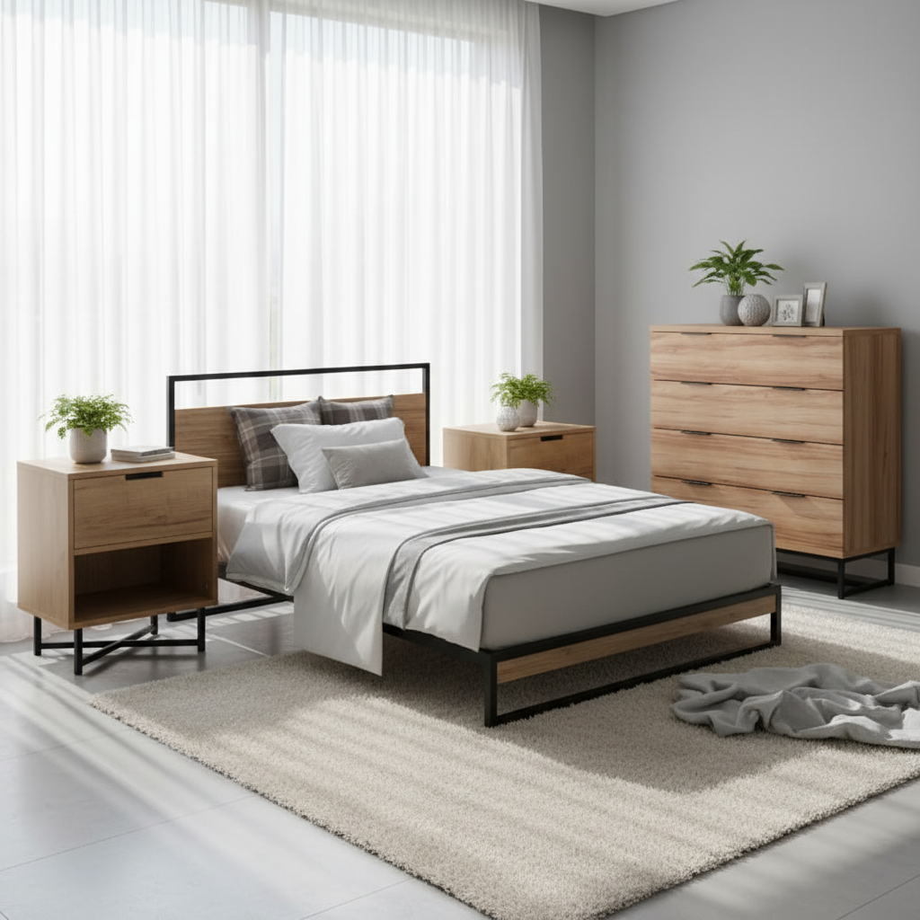 Modern bedroom with a bed, nightstands, and dresser.