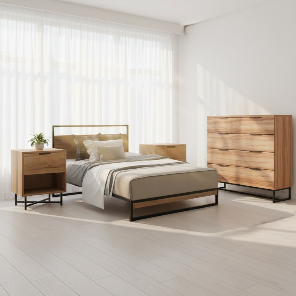 Melrose Queen Bedroom Suite with oak tallboy, two oak bedside tables, queen metal bed frame and mattress in modern sunlit room.