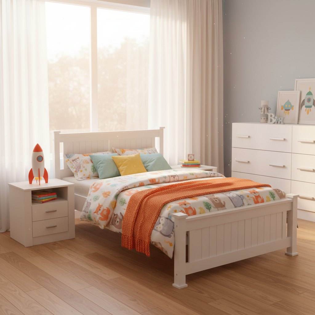 Children's bedroom with a white bed, colorful bedding, and a rocket model on a nightstand.