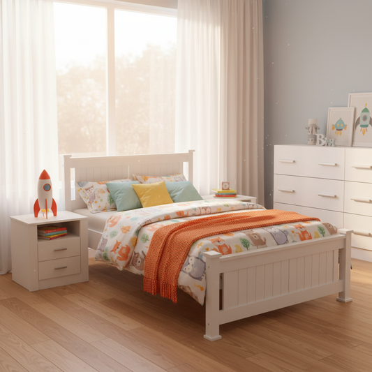 Children's bedroom with a white bed, colorful bedding, and a rocket model on a nightstand.