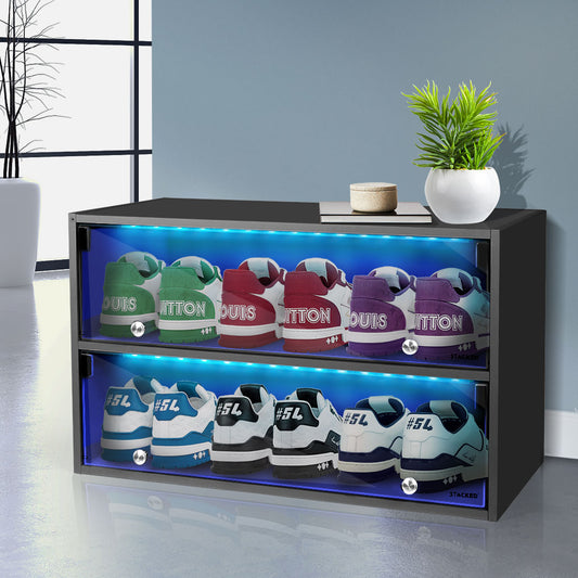 Stacked Shoes Storage Cabinet LED Sneaker Display Case Stackable Rack Lighted - Black